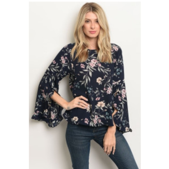 Floral Navy Bell Sleeve Blouse - Picture 7 of 8